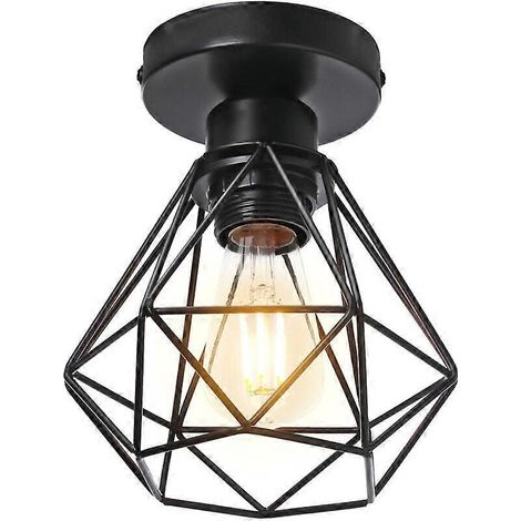 Plafonnier industriel en métal, suspension noire style vintage, forme cage diamant rétro pour salon, chambre ou salle à manger (ampoule non incluse) (1/4)