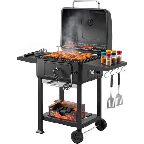 Charcoal BBQ Grill with Adjustable Charcoal Pan, Large Barbecue Grill Smoker with Side Tables, Temperature for Outdoor (1/5)