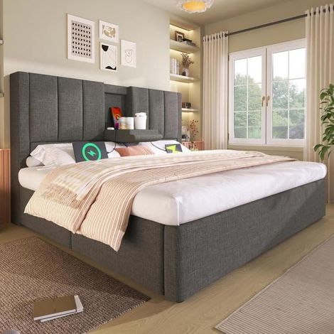 Lit - KOMHTOM - 180x200 cm - Lit coffre avec rangement - Sommier à lattes - Station de charge USB‑C (1/5)