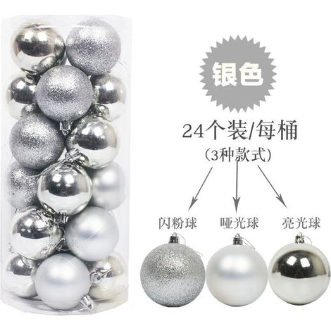 Boules de Noël, 24 pièces, 3 cm, 4 cm, 6 cm, 8 cm, emballées dans un pot, en plastique plaqué, pour décorations de sapin de Noël, argentées 8 cm (24 pièces par paquet)