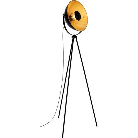 Lampadaire trépied vintage - style projecteur de cinéma - abat-jour métal noir mat & or - ampoule E27 - 60 W max. - hauteur : 148 cm, Noir-or-mat, 580x345x1480mm (LxDxH) (1/5)