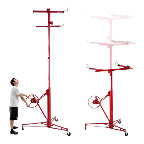 Gipskartonheber 140-350 cm, Plattenheber für Trockenbau und Decken, max. 68 kg, 60° neigbar, klappbar, 3 Bremsräder, rot