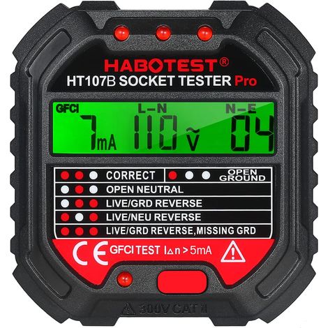 Testeur de prise, testeur de prise GFCI avec affichage de tension Testeur de prise 90-250 V Détecteur de tension de polarité de circuit électrique automatique Détecteur de disjoncteur HT107B (1/5)