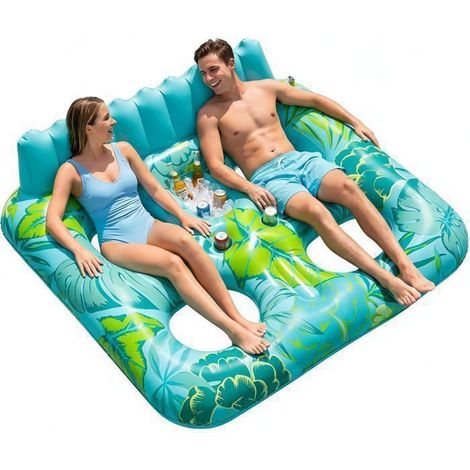 EcoFurnix Gonfiabile da Piscina per 2 Persone con 2 Portabicchieri, Materassino Gonfiabile per Adulti, Materassino per Abbronzatura in Acqua, Verde (1/5)
