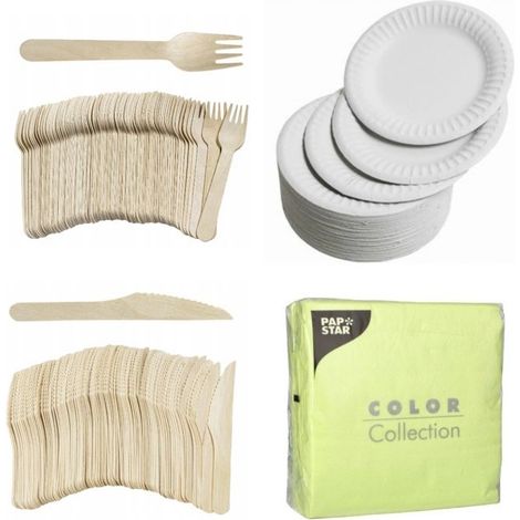 100 fourchettes en bois, 100 couteaux en bois, 100 assiettes carton blanc + 100 serviettes éco lime 33x33 cm pour pique-nique et événements extérieurs
