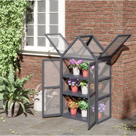 Mini invernadero de madera gris 70,5 x 42 x 132 cm, 3 estantes, para balcón – MEUBLIV (1/5)