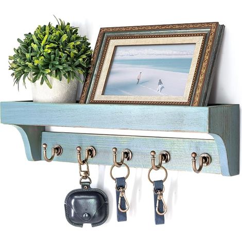Support mural en bois de pin de ferme pour décoration d'intérieur – Porte-clés mural rustique avec étagère pour amélioration de la maison – Organisateur d'entrée dans le salon (bleu (1/4)