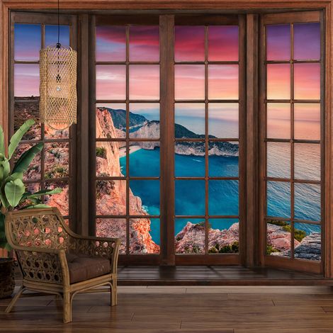 Papier peint panoramique Trompe l'oeil Fenêtre en bois - Vue Mer - 130 cm x 104 cm (1/5)