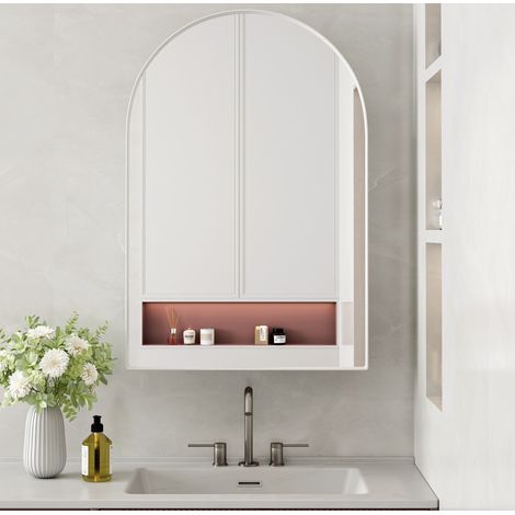 Mobiletto specchiera da bagno in metallo bianco, installazione a parete o incasso, con 2 ripiani in vetro (1/5)