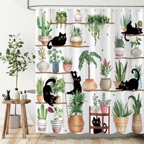 Rideau de Douche Chats Noirs 180 x 180 cm, Plantes en Pot Vertes Rideaux de Baignoire Imperméable Anti-Moisissures Tissu avec 12 Crochets (1/5)