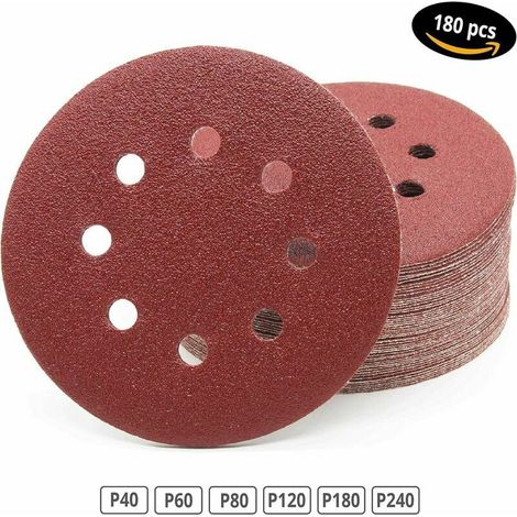 Disque Abrasif - 125 mm - 8 Trous - Grain 40 60 80 120 180 240 - Pour Ponceuse Orbitale Aléatoire - 180 Pièces