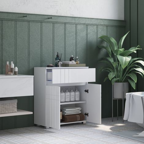 Freistehender Badezimmerschrank mit 2 Türen, 1 Schublade, verstellbarem Einlegeboden, weiß lackiert