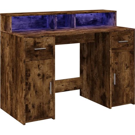 Bureau table poste de travail meuble d'ordinateur informatique étude et lumières LED chêne fumé 120 x 55 x 91 cm bois d'ingénierie brun