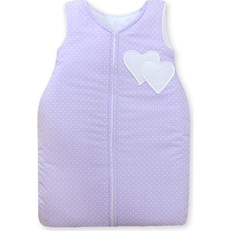 Sacco a pelo in cotone per bambini, taglia M 6-12 mesi, TOG 2.5, isolante per tutte le stagioni, con cuoricini e pois su sfondo viola. (1/4)