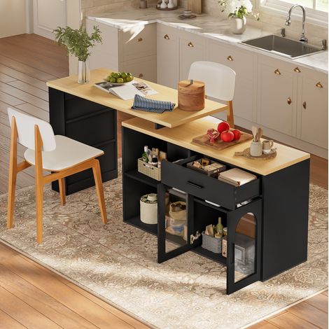 Isla de cocina plegable 136x50x78 cm con encimera extensible, almacenamiento y ruedas, MDF - negro (1/5)