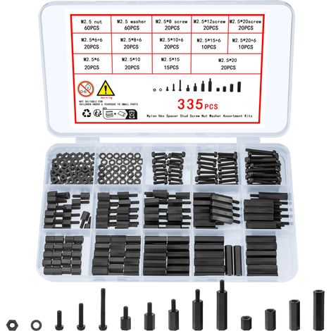 335 Pièces M2.5 Mâle Femelle Entretoise en Nylon Noir, Hex Entretoise Vis Écrou Pilier Fileté Standoff, Vis Boulons et écrous, Boulons Vis à Tête Cruciforme pour PCB Circuit Électrique (1/5)