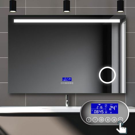 Biubiubath 80x60cm Miroir salle de bain anti-buée LED avec Bluetooth, Horloge, Date, Température,3 Couleurs et Loupe 3X (1/5)