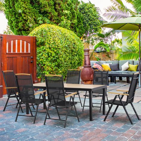 7-teiliges klappbares und verstellbares Gartentisch- und Stuhlset in Texteline, Schwarz