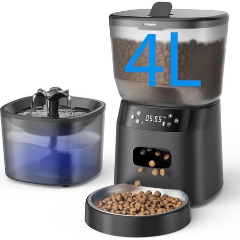 Automatic Cat Food Dispenser 4L and Cat Water Fountain 2.5L Voice Recording 10s and 6 Programmable Meals with Stainless Steel Bowls, Anti-Block, Easy to Clean (1/5)