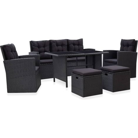 6-tlg. Garten-Lounge-Set mit Kissen Poly Rattan Schwarz