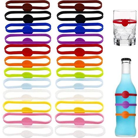 Glass Marker - Food-Grade Silicone - Stretchable Cup Identifier for Parties Picnics and Bars - 24 Pieces Assorted Colors (1/4)