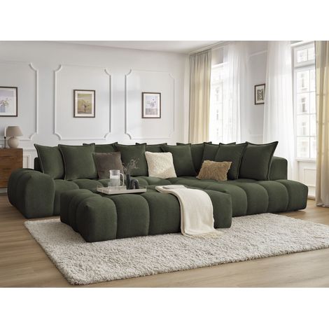 Bobochic – Canapé d'angle fixe 5 places – Tissu chiné vert – Longueur 352cm – Style moderne – Confort moelleux – À monter soi-même (1/5)