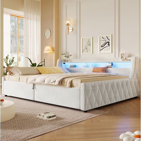 Cama tapizada 140x200 cm, con almacenamiento hidráulico e iluminación LED, flannelette y MDF, blanco roto (1/5)