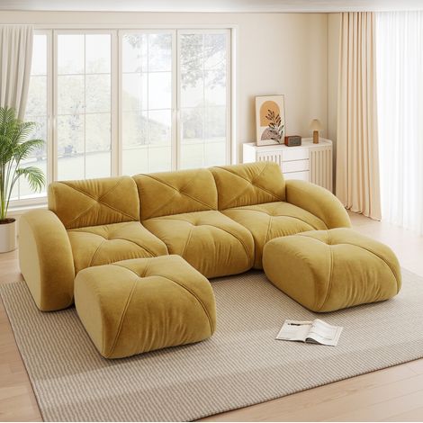 Sofá modular 3 plazas en U amarillo de chenilla con 2 pufs, sin montaje (1/5)