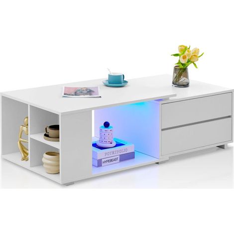 Coffee Table, Extendable Side Table with Led Lights, 80-130x60x40cm Rectangle Wood Sofa Living Room Furniture (1/4)