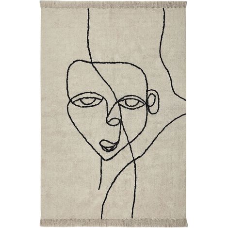 Tappeto in cotone con frange motivo viso 140 x 200 cm beige e nero Nuru