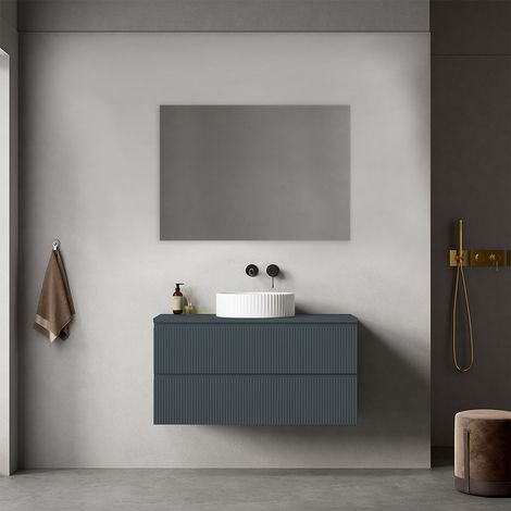 Mobile bagno sospeso cannettato 100 cm Blu Mare per Lavabo d'appoggio Specchio Quadro - Fiji Paint Top Canneté