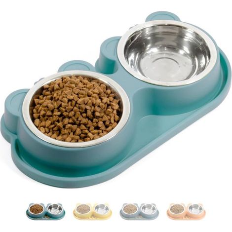 Doppelnapf-Katzenfutterautomat mit herausnehmbarem Edelstahlnapf. Rutschfester, auslaufsicherer Silikonboden. Futter- und Wasserspender für Katzen und kleine Hunde (türkisgrün). (1/5)