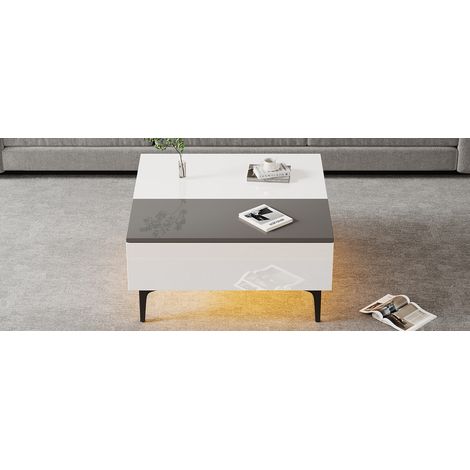 Table basse blanche 70x70x35 cm en MDF avec plateau relevable, rangement caché, tiroir et LED pour salon, bureau et balcon (1/5)