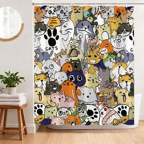 CCYKXA Funny Cat Shower Curtain, Anti-Mold, 180 x 180 cm, Cartoon Kitten Shower Curtain, Waterproof and Washable Polyester Fabric, Bathtub Curtain with 12 Hooks (1/5)