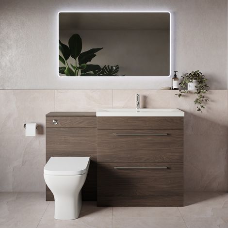 Napoli 390 Brown Oak 1300mm 2 Drawer Vanity Unit Toilet Suite with Glide Basin - 1300mm - Chrome 480mm HandleWith Kingston Toilet Pan and Seat