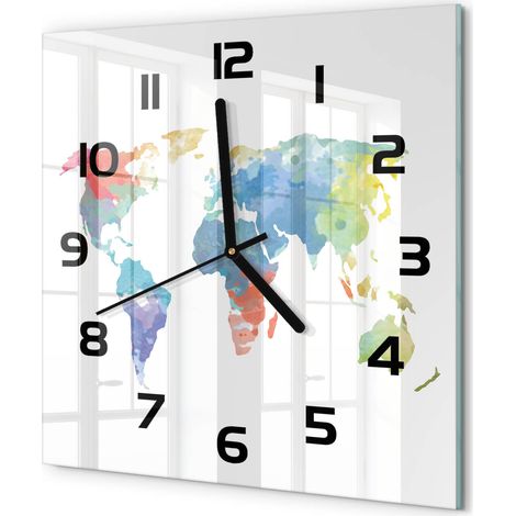 Horloge Murale Carrée Déco Salon Verre Trempé Silencieuse Design Contemporain Carte du monde 30x30 cm (1/5)