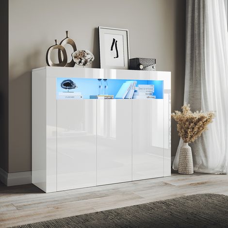 ELEGANT Modern Sideboard Units 3 Door with LED Light, Handleless Design Suitable for Various Home Styles, White, 1160x350x930mm (1/5)
