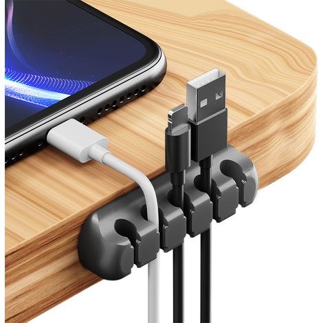 Porte-câbles, organisateur de câbles avec clips en silicone auto-adhésifs pour câbles de charge USB, cordons d'alimentation, câbles PC, câbles de bureau et usage domestique (5 emplacements, noir)