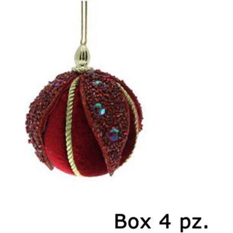 4 sfere decorate per albero natale Ø8 cm - colore rosso/arancio - decorazione addobbo natalizio