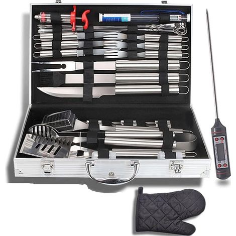 Set di utensili per barbecue da 32 pezzi, accessori per barbecue in acciaio inossidabile con termometro per carne e iniettore, set di utensili completo per buongustai