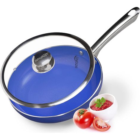 Poêle à frire avec couvercle, 24cm, induction, céramique renforcée, revêtement antiadhésif sans produits chimiques, couvercle en verre allant au four (24cm, Bleu) (1/5)