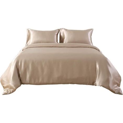 Parure de drap en Soie Satinée - Parure de lit 4 Pcs = 2 Taies d'oreiller, 1 Drap-Housse, 1 Housse de Couette - 220x240cm (1/4)