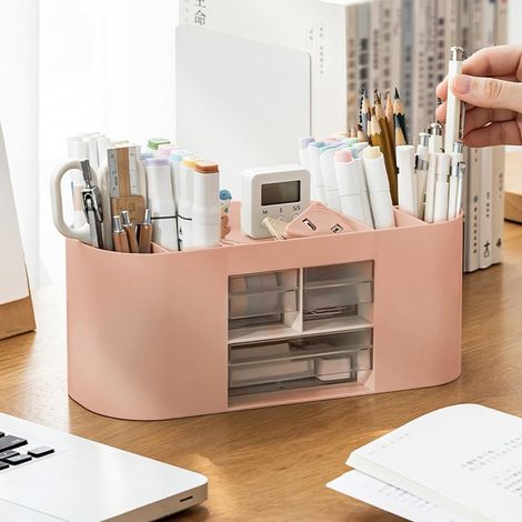 Stifthalter, Aufbewahrungsbox, Schreibtisch-Organizer, 10 Fächer, großes Fassungsvermögen, transparente doppelschichtige Schublade, bietet Platz für Bleistifte, Buntstifte und verschiedene Büromateria