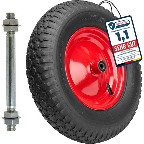 Garronda Roue de brouette 4.80/4.00-8 avec axe, pneumatique 2PR Ø 390×95 mm, jante acier peinte, doubles roulements, valve auto, moyeu 97 mm alésage 12 mm – roue de remplaceme GD-0163, Noir-Rouge (1/5)