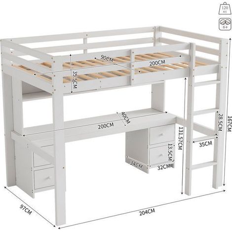 Lit mezzanine 90x200 cm avec grand espace de rangement et bureau,lit simple - Garde-corps de sécurité pour enfant adulte,blanc (1/5)