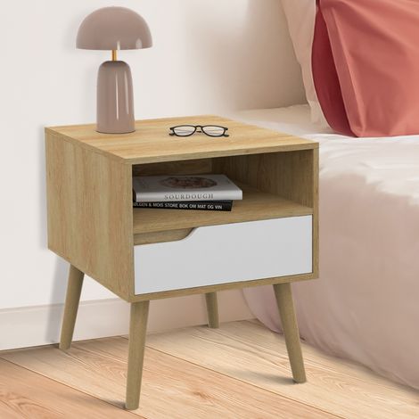 Juego de 2 mesillas de noche escandinavas HELSINKI de 1 cajón, efecto blanco y haya