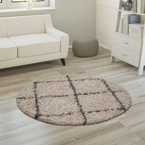 Paco Home Hochflor Teppich Weicher Wohnzimmer Shaggy Skandinavischer Stil Rautenmuster Ø 200 cm Rund, beige-anthrazit