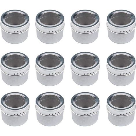 Ensemble de 12 pots à épices magnétiques ronds, couvercle transparent, versement rapide, baguette magnétique sans réfrigérateur (1/4)