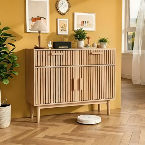 Commode adulte en bois 100x35x80 cm, Buffet de rangement avec 2 tiroirs et 2 portes, pour Salon, Chambre, Salle à Manger, couleur bois naturel