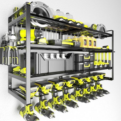 Organiseur pour outils électriques - Support mural pour 8 perceuses - 4 couches en métal robuste - Organiseur d'outils de garage et de rangement avec porte-tournevis/porte-pince/support pour (1/5)